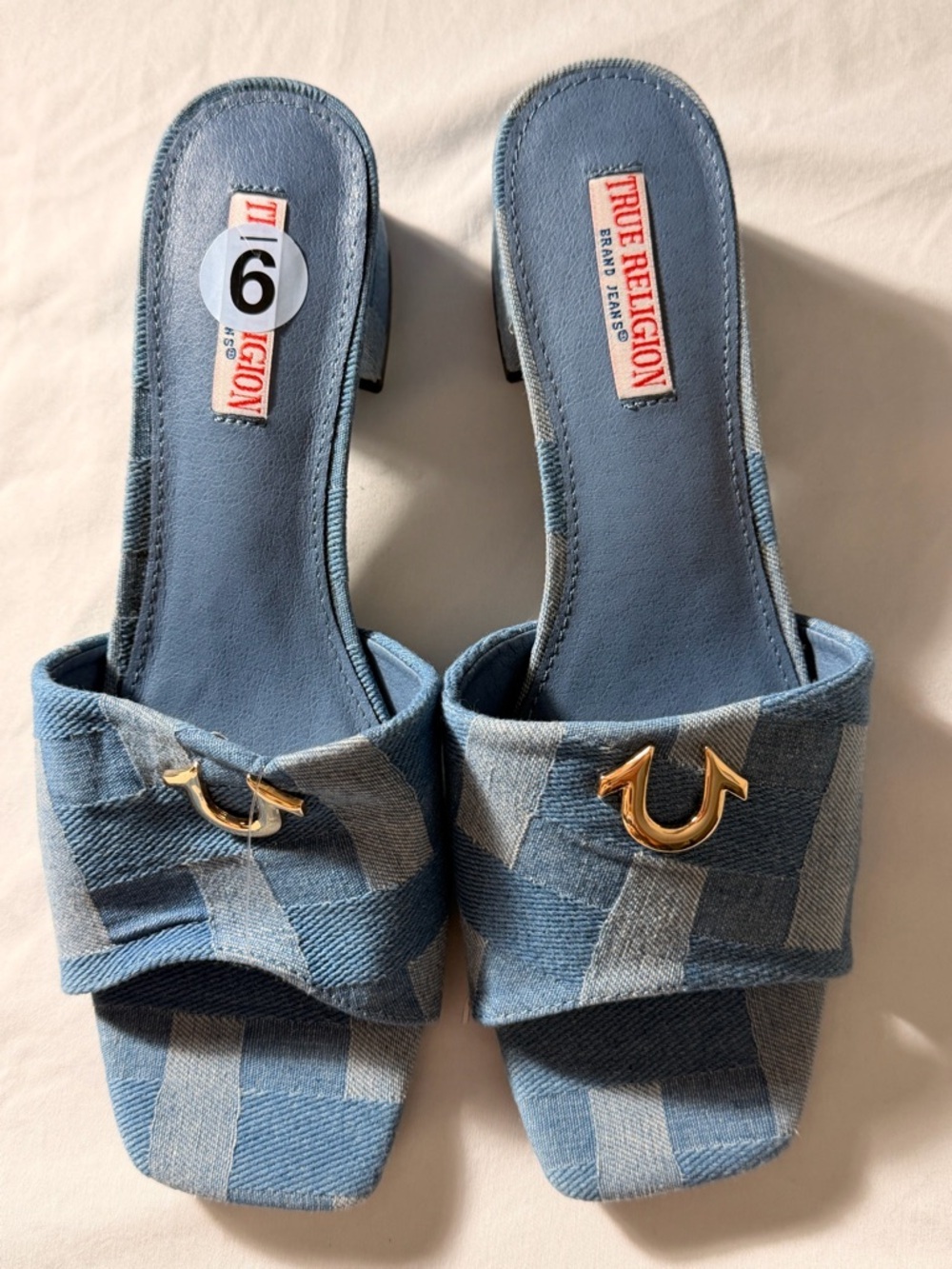 True Religion Light Blue Denim Logo Slide Mules